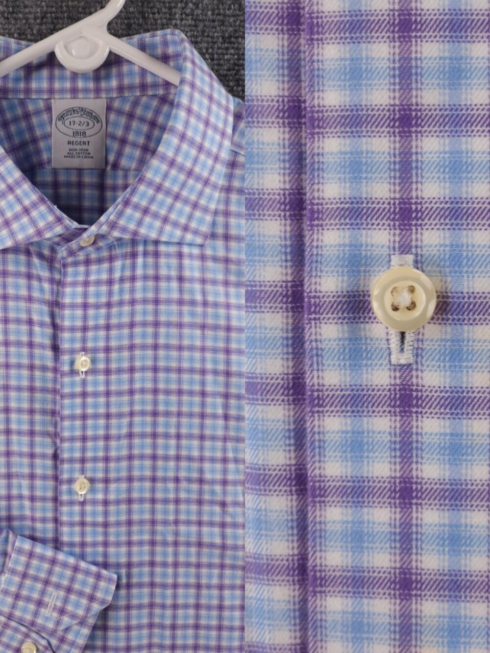 Brooks Brothers Twill Blue Purple Cotton Regent Plaid Soft Non-Iron 17 2/3 Mens